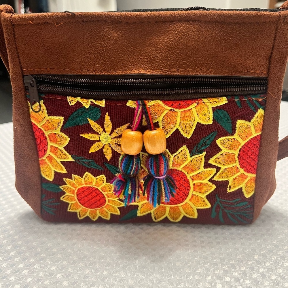 Sunflower Embroidered Tan Crossbody Bag